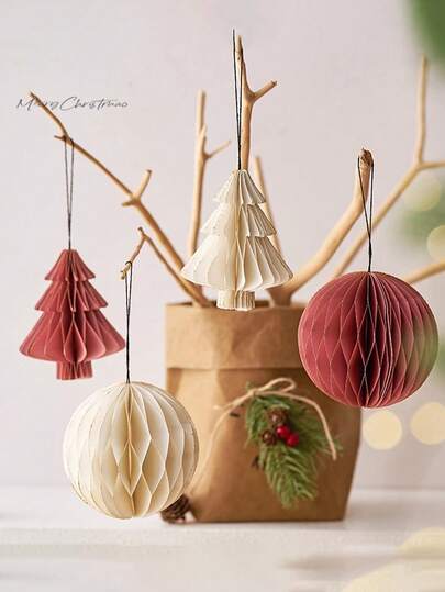 2个3D迷你圣诞纸蜂窝挂饰，复古纸质圣诞球/树挂饰，适用于圣诞节悬挂装饰、家居装饰、圣诞派对装饰、圣诞树装饰、墙面装饰、客厅装饰、冬季节日/感恩节/新年悬挂装饰、房间门把手装饰、圣诞装饰品、圣诞家居装饰、圣诞礼物、圣诞装饰