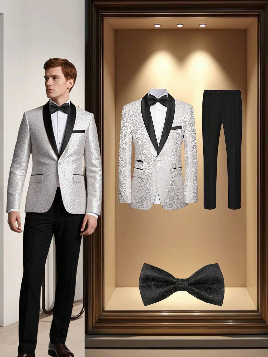 3 Pcs Men Suit Jacquard Blazer Jacket Pants Necktie Shawl Collar Floral Pattern Flap Pockets For Wedding Evening Party Banquet Classic Style - trắng - Xem 1