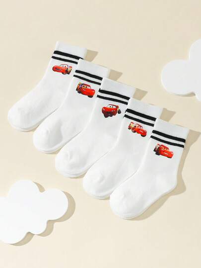 1/5 pares de meias esportivas infantis com estampa de carro de desenho animado, brancas, cano médio, para todas as estações