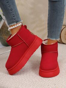 女士简约纯色套脚圆头圣诞红雪地靴，保暖内衬，厚底，冬季保暖靴，休闲风格，日常穿着，节日红色短筒靴，毛绒靴 - 紅色 - 查看 4