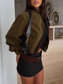 Áo khoác ngắn nhung trơn màu cổ điển dành cho nữ, áo khoác bomber thường ngày thu/đông - Màu xanh Ô liu - Xem 2