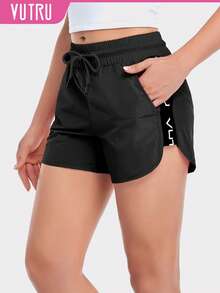 VUTRU Letter Graphic Drawstring Waist Sports Shorts - Black - View 1