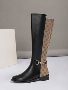 女士时尚过膝靴，秋冬粗跟马靴，新款拼色侧拉链高筒靴，百搭高筒靴，休闲度假西式圆头粗跟直筒靴，假日长筒靴，舒适冬靴，女士牛仔靴 - 黑色 - 查看 9