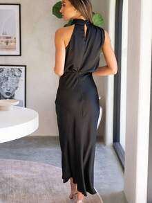 Vestidos De Satén, Vestidos Largos Elegantes Sin Mangas Dama, Alto Elegante De Satén De Alta Gama De Cuello Alto - Negro - Ver 5