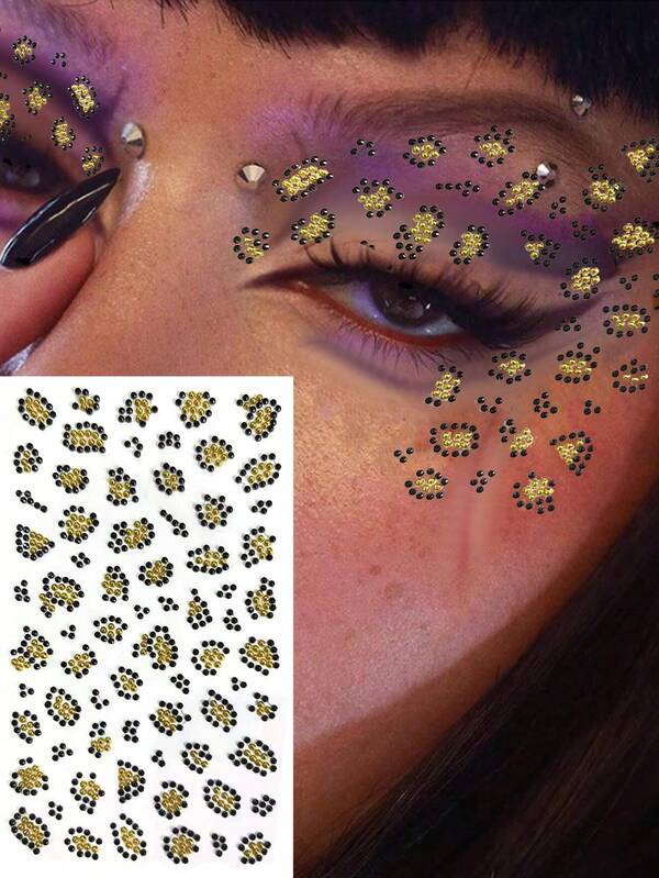 1 peça, adesivo de decoração facial com estampa de leopardo e strass, decoração de Halloween autoadesiva, tatuagem facial temporária retrô de leopardo, adesivos à prova d'água, adesivos de maquiagem de leopardo, decoração de Natal para o ano novo, lindas decorações para rosto e corpo, adesivo de glitter para festival de música, ferramentas de maquiagem para cosplay, adereços fotográficos, adesivos de rosto personalizados para maquiagem dos olhos, maquiagem, maquiagem de palco, festivais, danças, festivais de música, festas, vida cotidiana