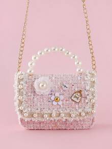 1pc Children's Pearl Flower Letter Alloy Sticker Decor Beaded Lace PU Felt Material Flap Closure Metal Chain Cute Beaded Handbag, Girls Sweet Princess Crossbody Bag, Snack & Coin Purse, Suitable For Christmas And Daily Use