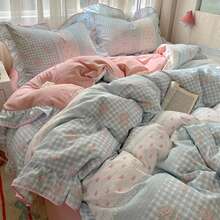 [2025 New Design]Blue White Plaid Bow Duvet Cover Set, Floral Pink Ruffle Bedding, 3Pcs (1 Duvet Cover + 2 Pillowcases, No Inserts) For Women, Single And Double Size, Pillowcase Pattern Random Cut - 藍色 - 查看 4