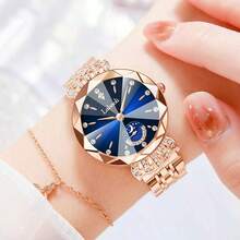 1 Stück Damen Uhrgehäuse in Roségold, Zifferblatt in Mehrfarbig, Armband aus rosévergoldetem Edelstahl, Römische Ziffern & Diamant Indizes, Quarzwerk, hochwertig-luxuriös & für den täglichen Gebrauch geeignet LA313