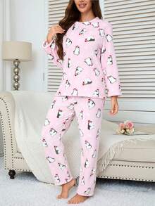 2pcs/Set Winter Pajama Set, Flannel Lined Fluffy Pajamas With Cute Penguin Pattern, Minimalist & Fashionable Sleepwear, 2 Pieces Set, Fall Clothes