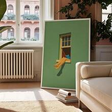 1 Stück gerahmtes/ungerahmtes Poster "Grünes, warmes Lesen am Fenster", Buchliebhaber Wandkunst Leinwanddruck, minimalistischer Lesewinkel Bibliothek Ästhetik Dopamin Dekoration für Bücherwurm, Wohnheim, Büro, Wohnzimmer, Schlafzimmer, moderne Heimdekoration