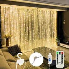 Luces de cortina de cadena LED, 8 modos, con control remoto y puerto USB, adecuado para bodas, Navidad, decoración del hogar y vacaciones - Amarillo - Ver 1