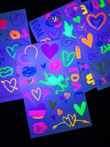 4 张霓虹灯临时纹身，唇心形荧光爱心纹身贴纸，防水临时纹身贴纸，适合情人节和音乐派对返校 - 彩色 - 查看 11