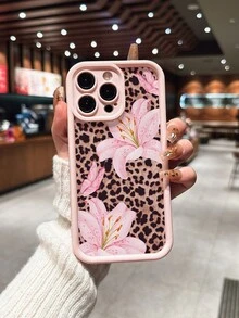 Cute Pink Lily Flower & Leopard Print Matte Anti-Drop Phone Case Compatible With IPhone 11, 12, 13, 14, 15, 16, 13 Pro Max, 16 Plus, XR, 7, 8 Plus, 17 Pro Max, AIR - Pink - View 3