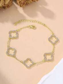 1pc Luxury Copper Zirconia Hollow Floral Chain Bracelet, Fashionable & Elegant Women's Lucky Charm Bracelet, Birthday/Date Gift