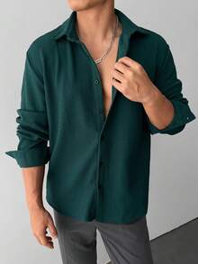 WAIT HIM 男士休闲纯色长袖衬衫 - 墨綠色 - 查看 6