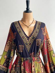 Rusttydustty Đầm tay phồng kiểu Bohemian phối họa tiết chắp vá, cỡ lớn dành cho nữ, thích hợp dự tiệc trà, kiểu dáng thanh lịch mùa xuân. - Đỏ - Xem 6