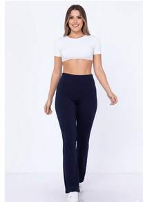 Women's Suplex Flare Pants High Waist Ballerina Bell Bottom Gym Fitness Casual - 藏蓝色 - 查看 6