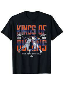Official New York Mets Kings Of Queens Graphic Tee   Black Cotton Short Sleeve T Shirt With  & Jacob Lindor Autographs   Baseball Fan Apparel   Multiple Sizes Available - màu đen - Xem 1