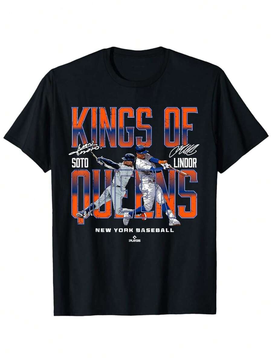 Official New York Mets Kings Of Queens Graphic Tee Black Cotton Short Sleeve T Shirt With & Jacob Lindor Autographs Baseball Fan Apparel Multiple Sizes Available - màu đen - Xem 1