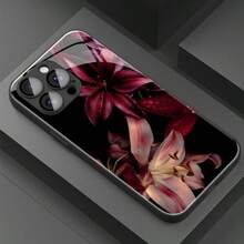 1pc Elegant Lily Flower Pattern Glass Material Phone Case, High-End Atmospheric, Compatible With Iphone, Tempered Glass Material - Black - View 2