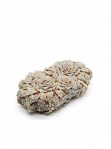 Luxury Floral Design Golden Crystal Evening Clutch, Floral Crystal Handbag, Handmade Metal Rhinestone Rose Evening Clutch, Retro Sequin Clutch, Suitable For Weddings, Parties, Galas, Chain Shoulder Evening Clutch, Bridal Bag, Suitable For Weddings, Galas And Parties, Best Gift For Ladies - Hoa hồng vàng - Xem 9