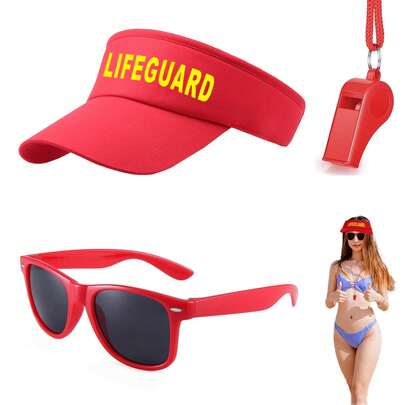 3pcs The Lifeguard Uniform Set Includes A Lifeguard Cap And A Guard Whistle Fashion Glasses. The Lifeguard Accessory Is A Red Adjustable Sun Hat For Fashionable Clothing. It Is Suitable For Both Men And Women Of All Ages