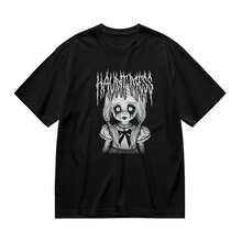Camiseta de ilustración de muñeca embrujada espeluznante Haunt Mess. 100% Algodón. Regalo para hombres, mujeres, papá, mamá y amigos. Tallas S-XXXL. Negro - Negro - Ver 2