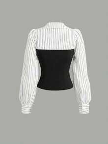 Women's Thin Striped Patchwork Elegant Casual 2-Piece Set, Long Sleeve Top And Pants, Suitable For Office And Home, Spring/Summer/Autumn