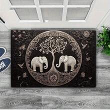 Anti-Slip, Washable Elephant & Tree Of Life Welcome Mat - Durable Polyester With Rubber Backing Entrance Rug For Living Room, Bathroom, Kitchen, Laundry, Patio - Perfect Home Decor - màu đen - Xem 2