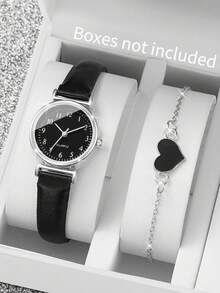 Set de 2 relojes de mujer - Reloj de pulsera de cuarzo con esfera pequeña y numérica de moda minimalista + pulsera con dije de corazón (caja de reloj no incluida) - Negro - Ver 2