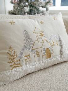 1 pieza Funda de cojín bordada con árbol de Navidad y casa en dorado y plateado, adecuada para decoración interior, funda de cojín decorativa navideña, sin incluir el relleno del cojín