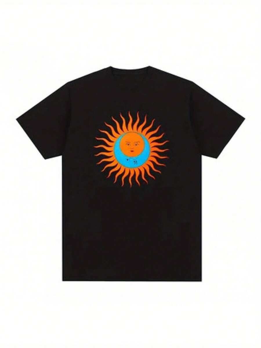 King Crimson Larks Tongues in Aspic Graphic T-Shirt for Men & Women - Black Casual Summer Tee with Bold Orange Sun & Bird Design, Regular Fit, Cotton Material, Streetwear Style, Allseason Apparel  Bold Graphic Tee  Cotton Shirt
