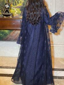 Women's Brown Lace Satin 2 Pieces Long Robe With Exquisite Details Spring - Dark Blue - View 5