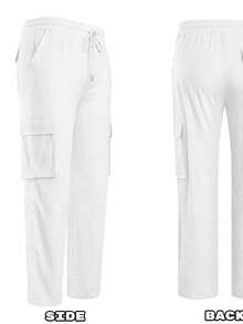 Mens Linen Cargo Pants Lightweight Elastic Waist Drawstring Casual Loose Summer Vacation Beach Yoga Pants With Pockets - 白色 - 查看 5
