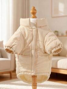 1pc Pet Dog Soft & Cute Fashion Outfit, Matte Cream Color Minimalist Fabric Design With Back Letter Print Stand Collar Winter Clothes, Suitable For Teddy, Poodle And Small Breed Dogs In Autumn/Winter