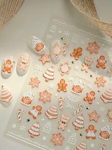 可爱圣诞熊美甲贴纸，烫金压纹圣诞树、雪花、小屋、蝴蝶结、雪人5D节日美甲贴花，适合女性 - 彩色 - 查看 8