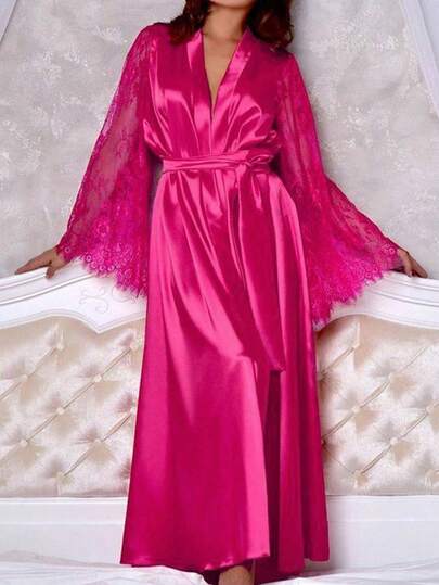1pc - Wearable Sexy Robe, Bathrobe, Sleepwear, Satin Lace Long Sleeve Nightgown For Women, Christmas/Valentine's Day Gift (Styles Randomly Shipped), Holiday Essential, Autumn, Thanksgiving, Christmas, Carnival, National Day, Independence Day (Styles Randomly Shipped)