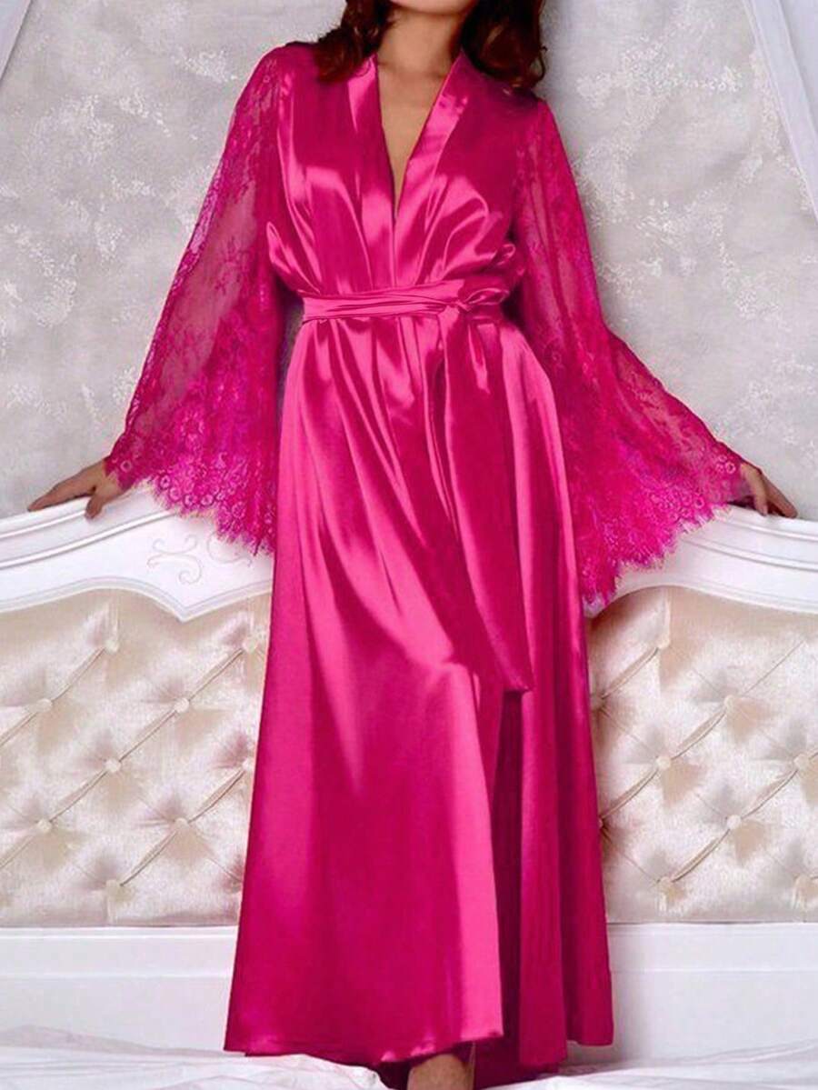1pc - Wearable Sexy Robe, Bathrobe, Sleepwear, Satin Lace Long Sleeve Nightgown For Women, Christmas/Valentine's Day Gift (Styles Randomly Shipped), Holiday Essential, Autumn, Thanksgiving, Christmas, Carnival, National Day, Independence Day (Styles Randomly Shipped) - Red - View 1