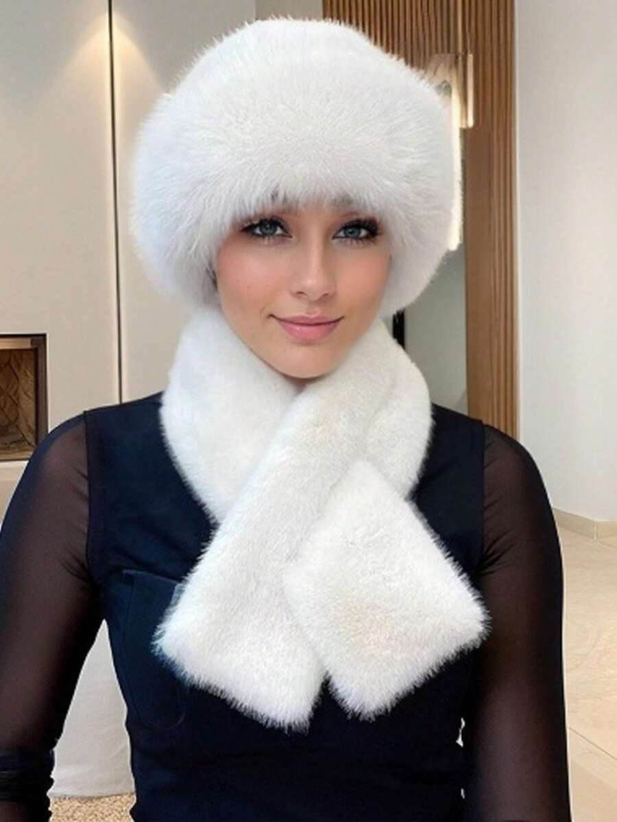 1 Set Of Hat + Scarf, Winter Scarf & Mongolian Fur Hat, Warm Fleece Hat For Women, Windproof & Thick, Fashionable Ear Protection For Dress - Nhiều màu - Xem 1