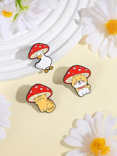 3 pièces Broche de mode en alliage de zinc, motifs champignon, canard, chat mignons. Épingles décoratives pour sacs, vêtements, cadeau de Noël