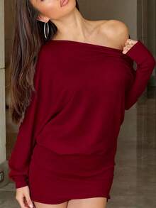 Kami Co.连衣裙，度假装，Y2K风格服装，斜领设计，不对称肩部，长袖，二合一，修身连衣裙，超薄连衣裙，时尚，派对连衣裙，春夏装，高中舞会礼服，优雅 - 酒紅色 - 查看 8