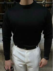 Pull en maille fine pour homme – Col ras du cou, manches longues, coupe décontractée – Fabriqué en Turquie - Noir - Voir 9