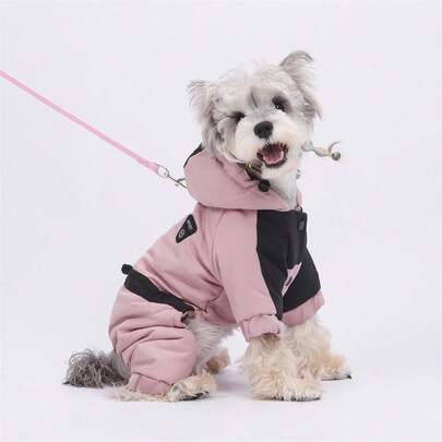 Fashionable Pink & Black Dog Snowsuit With Hood - Waterproof, Warm Jumpsuit For Small Dogs, Perfect For Winter Walks And Outdoor Activities With Leash Hole Design Pet Apparel Winter Warm Dog Jacket