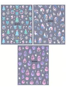 3 pezzi Adesivi per unghie natalizi 5D a gradiente, con fiocchi di neve, alberi di Natale, alci, palline di cristallo, luci colorate e neve, design carino ed elegante in stile Y2K per Natale e Capodanno, decorazioni per unghie autoadesive, gel polish, decalcomanie