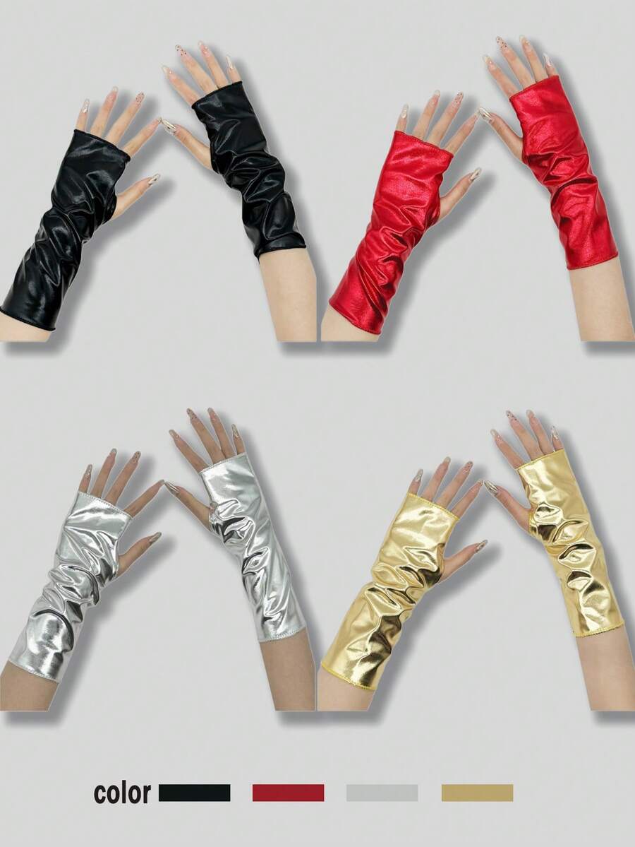 1 par de guantes negro brillante sin dedos cortos, adecuados para disfraz de Halloween, cosplay punk rock, clubes nocturnos, baile de hip hop