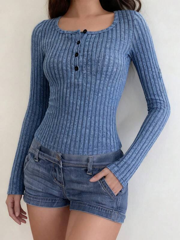 ملابس علوية نسائي بأكمام طويلة مناسب للربيع/الصيف والخريف/الشتاء، طراز متعدد الاستخدامات مناسب للذهاب إلى العمل والارتداء في المنزل، تصميم ياقة مربعة مع أزرار ذات ألوان متباينة، ملابس علوية محبوكة بلون واحد يمكن ارتداؤها كطبقة أساسية في الشتاء