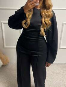 两件套女士黑色圆领长袖上衣搭配收腰中长运动裤，优雅女士休闲套装 - 黑色 - 查看 11