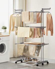 Tendedero Plegable de 4 Niveles, con Ruedas, Alas Plegables, 63,5 x 125,5 x 173 cm, Gran Capacidad, Montaje Fácil, Uso Interior y Exterior, Gris Paloma - gris paloma - Ver 1