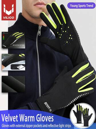 Vilico Sports Running, Winter Men'S Cycling, Touch Screen Gloves, Women'S Autumn And Winter Cycling, Warm And Velvet Windproof And Cold Proof Gloves, Reflective Pattern Gloves On The Back Of The Hand, Zipper Pocket Gloves On The Back