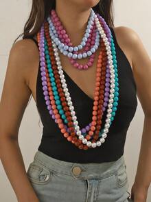 1 pieza Collar largo de cuentas geométricas de plástico de estilo bohemio, hecho a mano para mujeres, se puede usar en doble capa, adecuado para verano, playa, vacaciones y uso diario